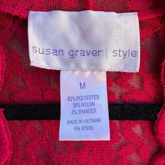 Susan Graver Style Red Lace Semi Sheer Scalloped Edge Open Front Cardigan M - Picture 4 of 9